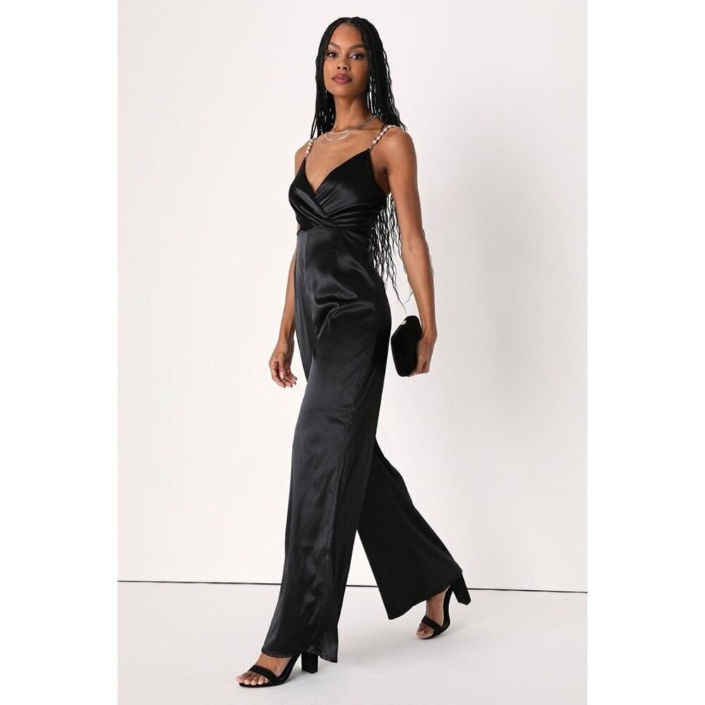 Lulus Sultry Show-off Black Satin Pearl Strap Surplice Jumpsuit - Size XL